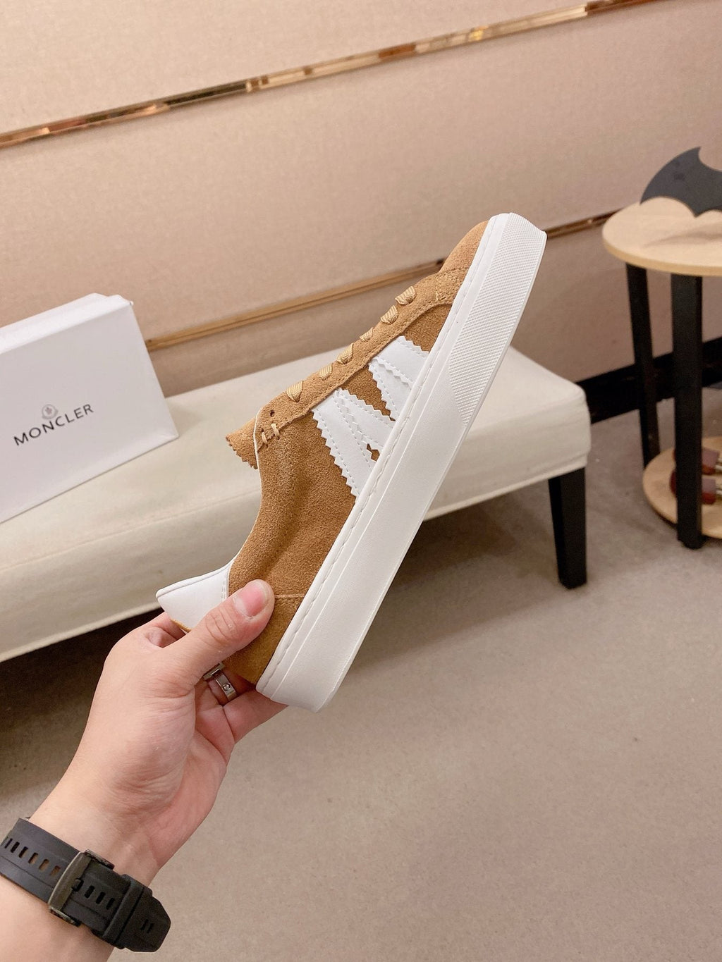 MONCLER Tan and White Stripe Sneakers